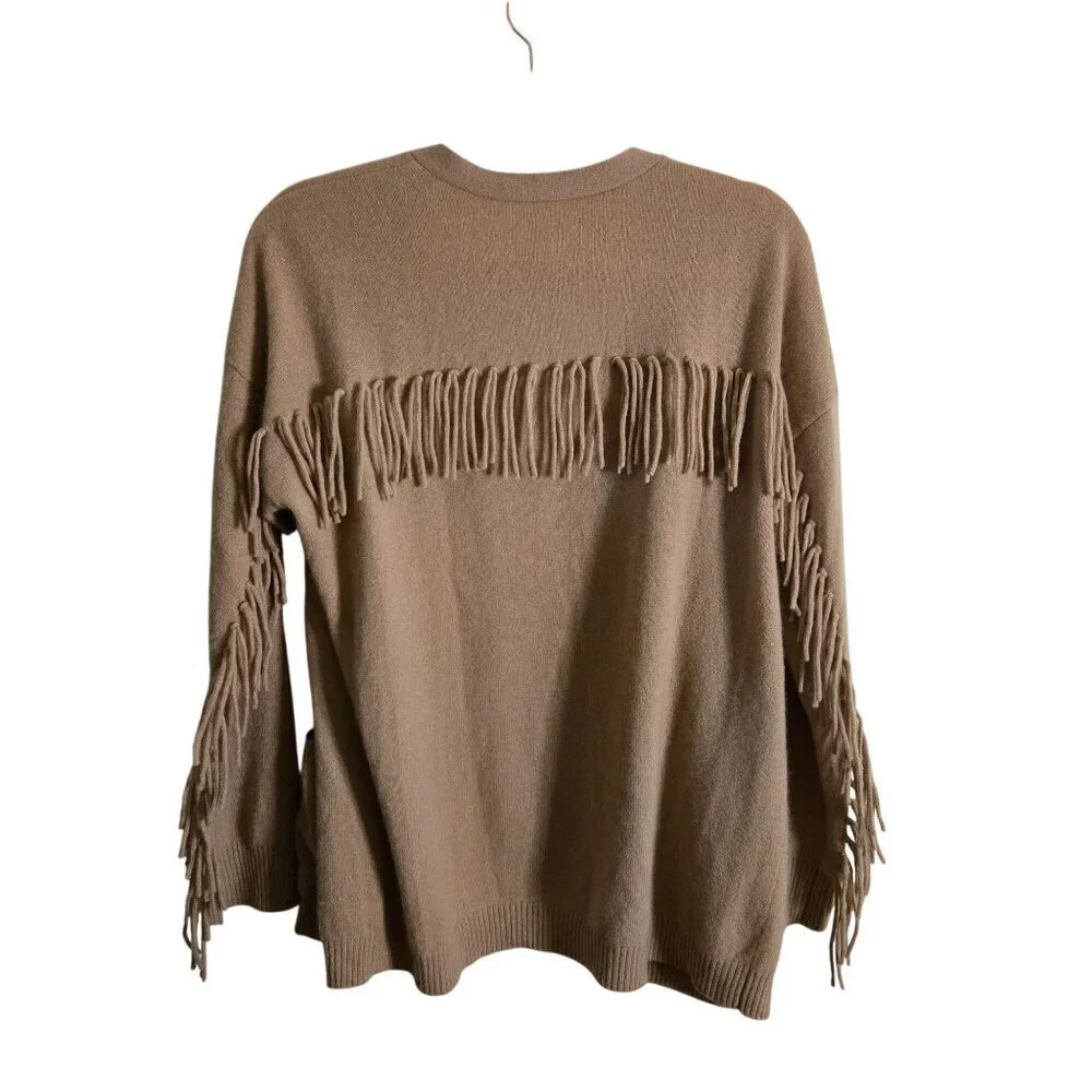 Minnie Rose Fringe Cardigan Caramel 100% Cashmere Open Front Pockets Size L